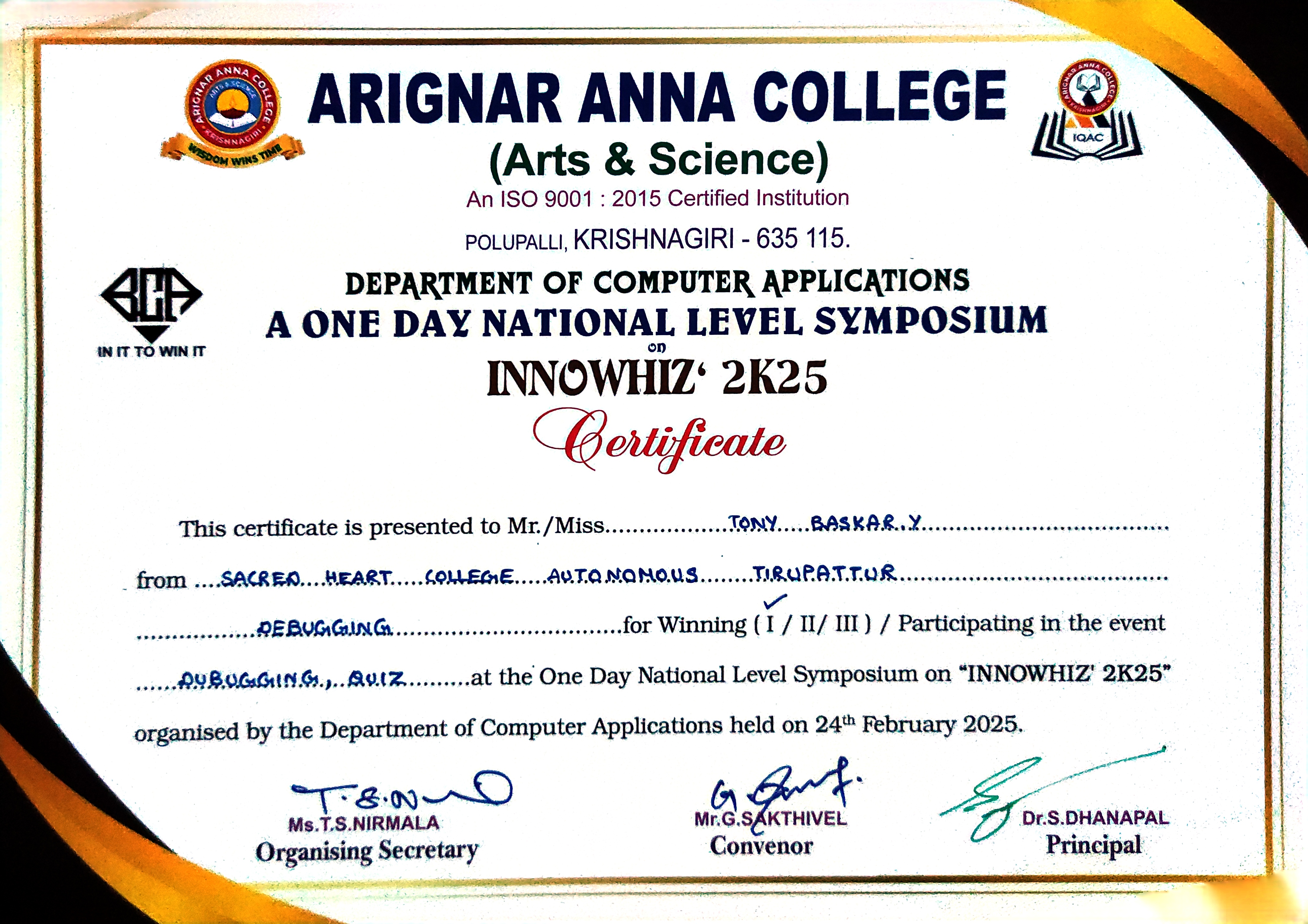 Java Debugging Competition Certificate
