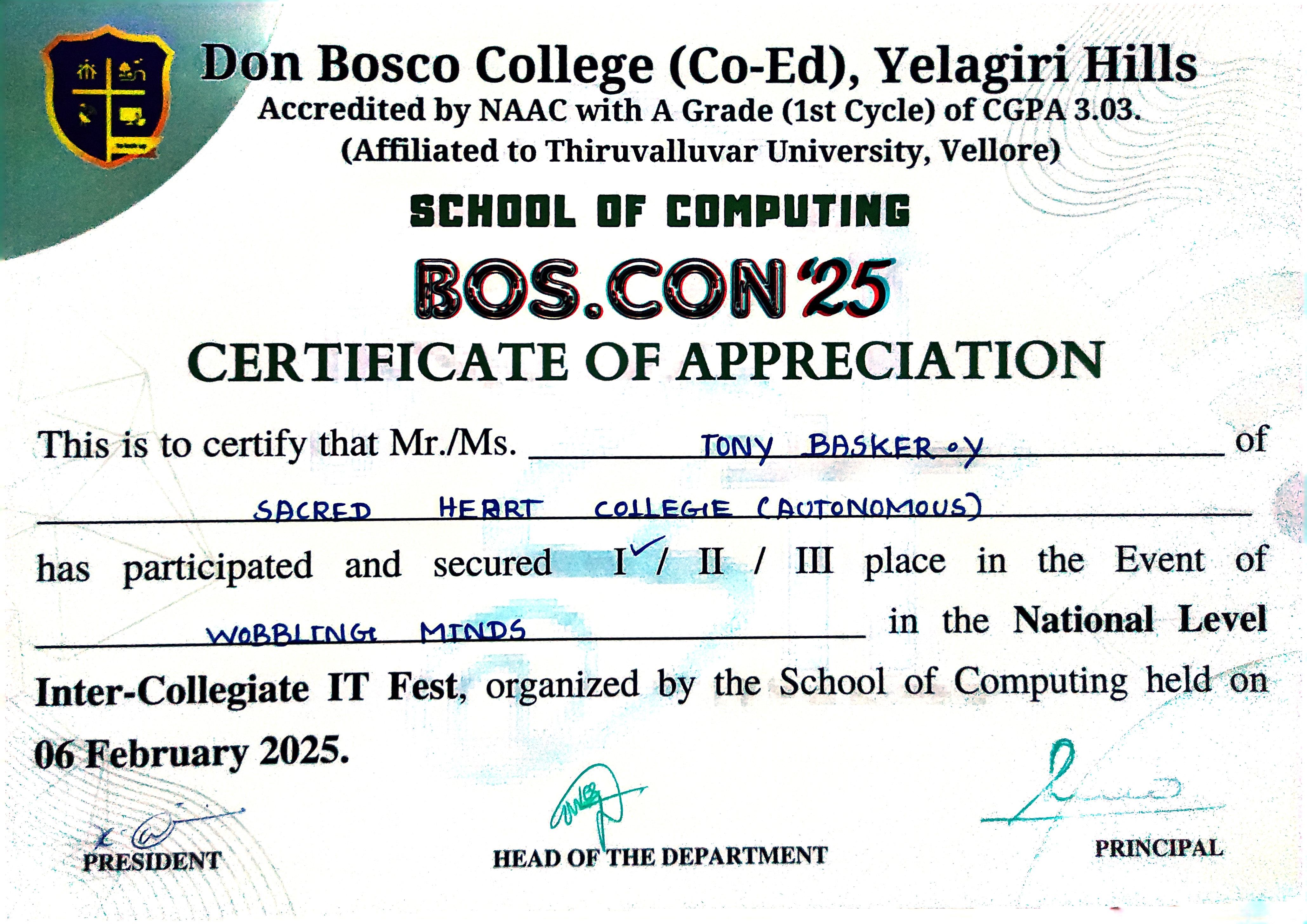 Wobbling Minds Competition Certificate